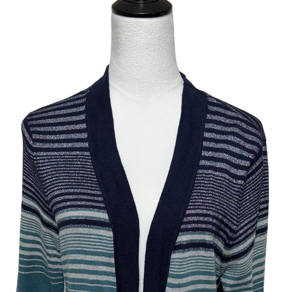 Talbots Cardigan Womens XL Petite Blue Striped Open Front Metallic Sweater